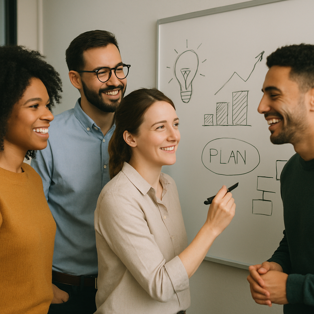 A diverse, engaged team collaborating around a whiteboard, looking focused and positive, not stressed or exhausted