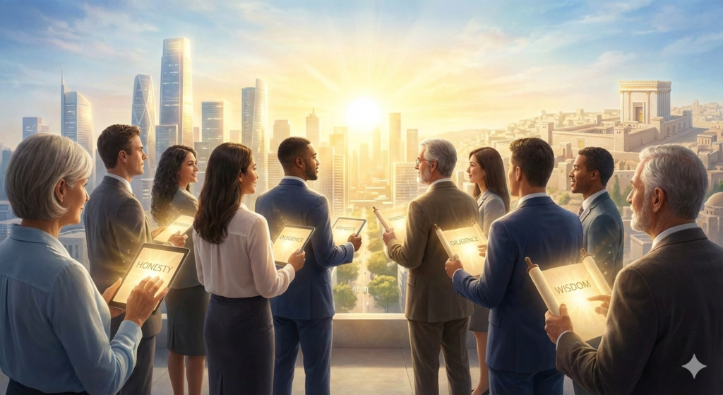 Gemini_Generated_Image_helsl5helsl5hels 4 - Bull City Advisors A diverse group of leaders on a high vantage point, looking out at a rising sun over a city, holding tablets that glow with biblical faith-based leadership ethics principles.
